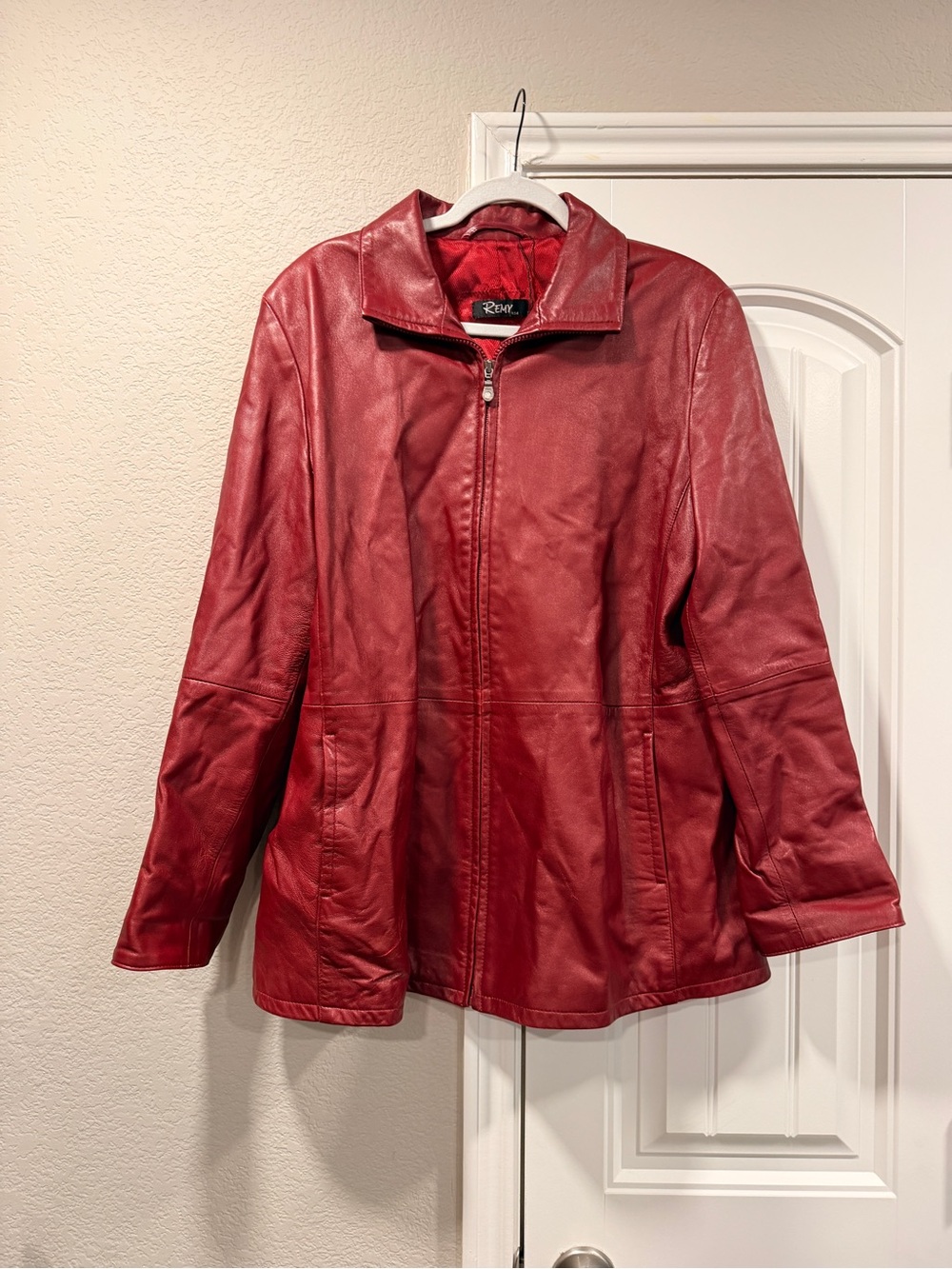 Red Leather Zip-Front Women's Jacket